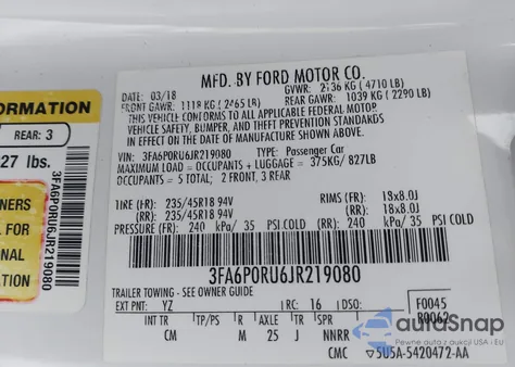 2018 Ford Fusion Hybrid Titanium z USA, uszkodzony, nr VIN 3FA6P0RU6JR219080